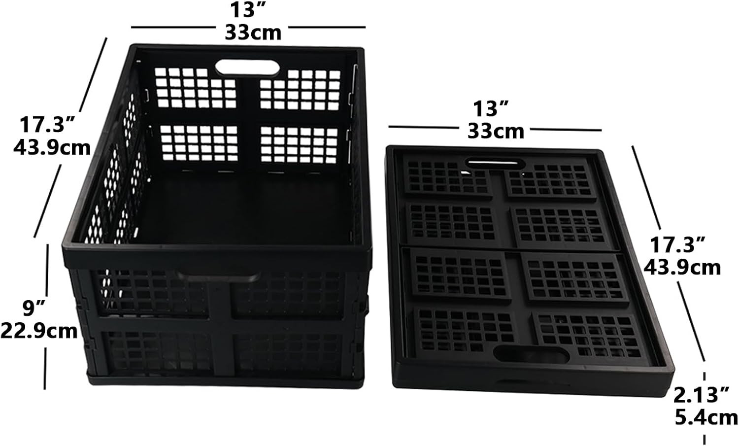 34 L Plastic Rectangular Collapsible Crates, Pack for 3, Black | Folding Crates