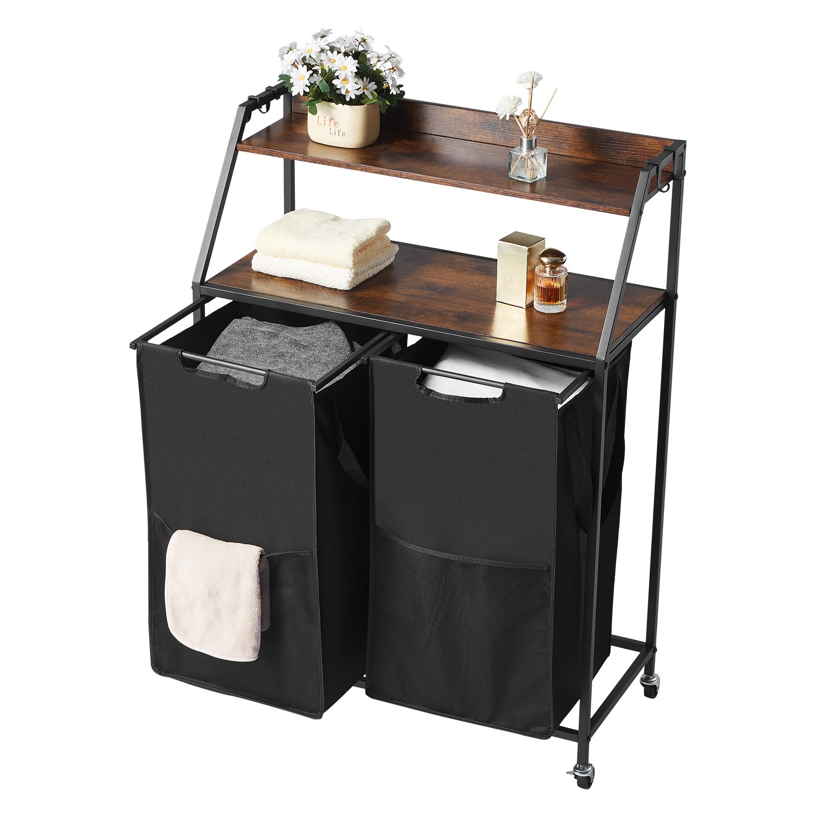 VEVOR 2 Tiers Laundry Sorter Tall Laundry Hamper with Wheels and Hooks 2 Section