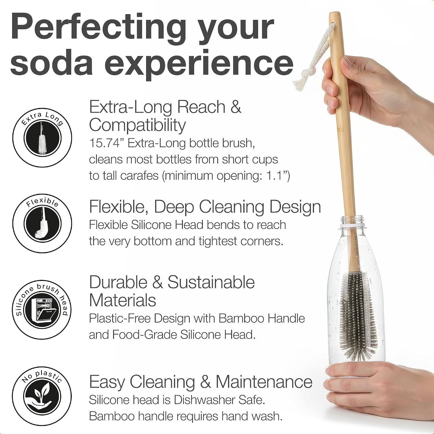 16″ Extra Long Bamboo Bottle Brush with Plastic-Free Silicone Head | Cleans