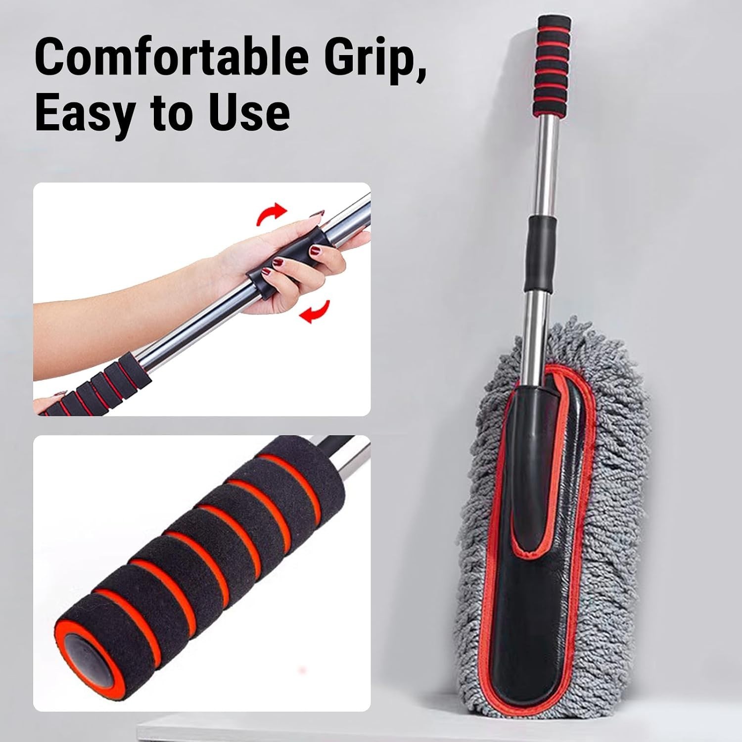 Car Duster, Scratch-Free Microfiber Cleaning Brush, Gray/Red | Extendable Han…