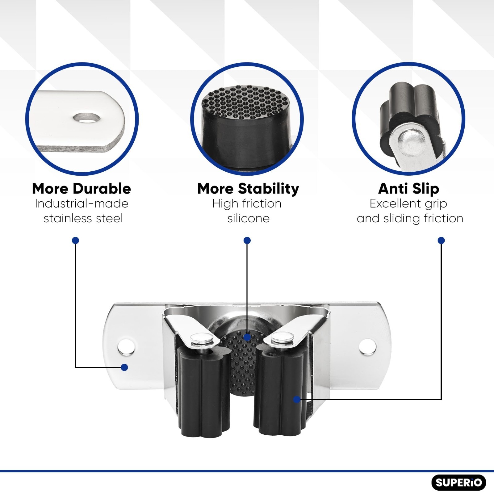 Superio Mop and Broom Holder, Wall Mount Heavy Duty, Single Piece Hooks Set
