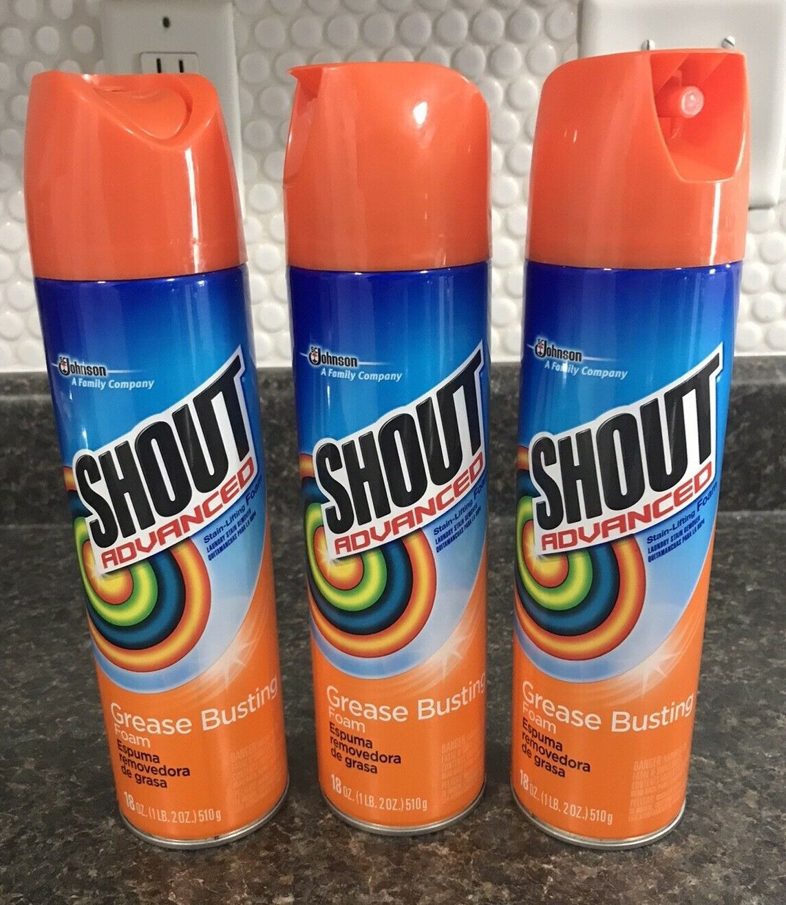 Lot of 3 Shout Advanced Stain-Lifting Grease Busting Foam ~ 18 oz Aerosol Spray