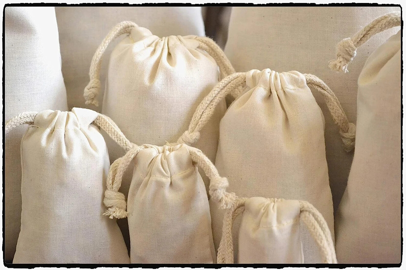 Double Drawstring Organic Cotton Muslin Bags – Premium Quality – Natural Color