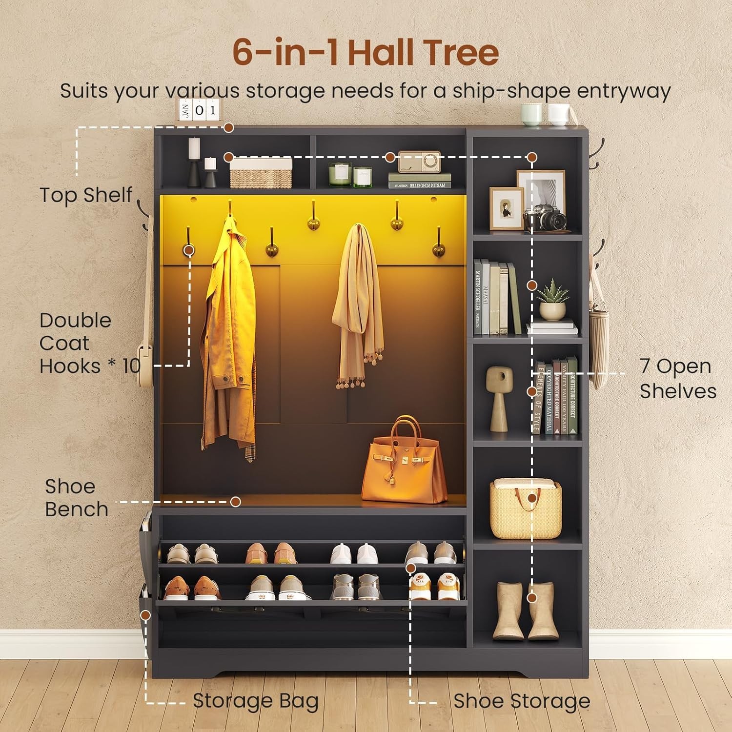 Hall Tree with Shoe Storage, Farmhouse Entryway Bench w/Flip Drawers &Led Lights