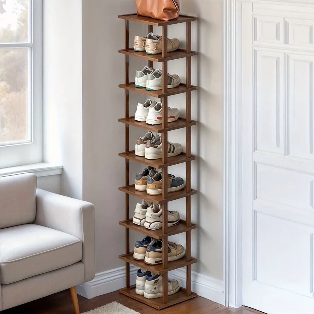 9-Tier Bamboo Vertical Shoe Rack Tall Narrow Space Saving Organizer Entryway