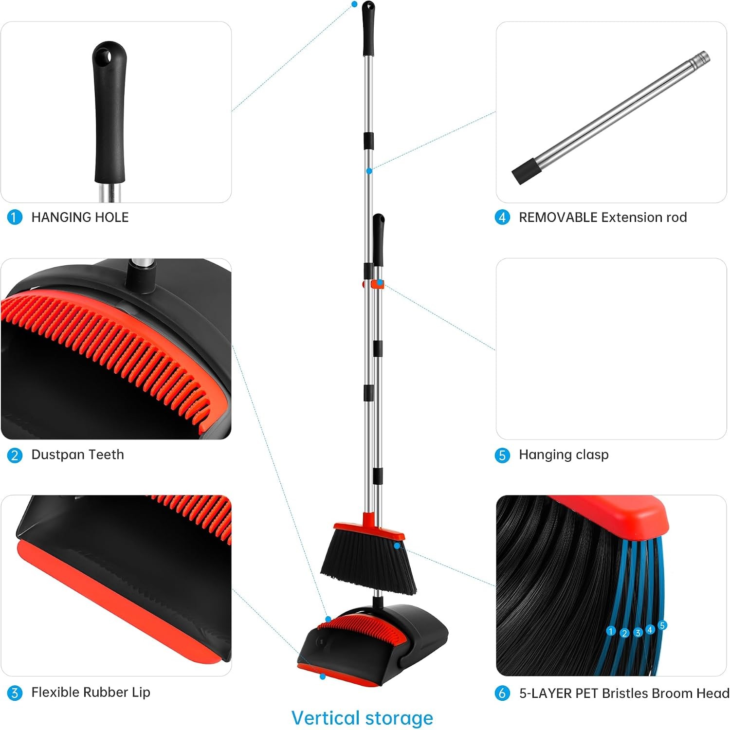 Long Handle Broom & Dustpan Set, Self-Cleaning Teeth, Heavy Duty Indoor/Outdoor