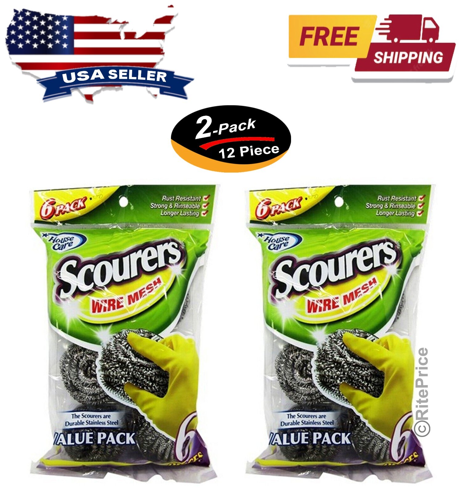 12PCS (2 Pack) Stainless Steel Sponges Scrubbing Scourer Pad For Kitchen – New