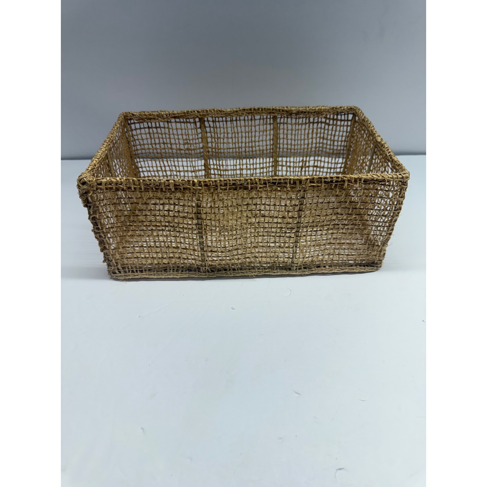 Natural Woven Seagrass Rectangular Storage Basket Open Weave Wire Frame Brown