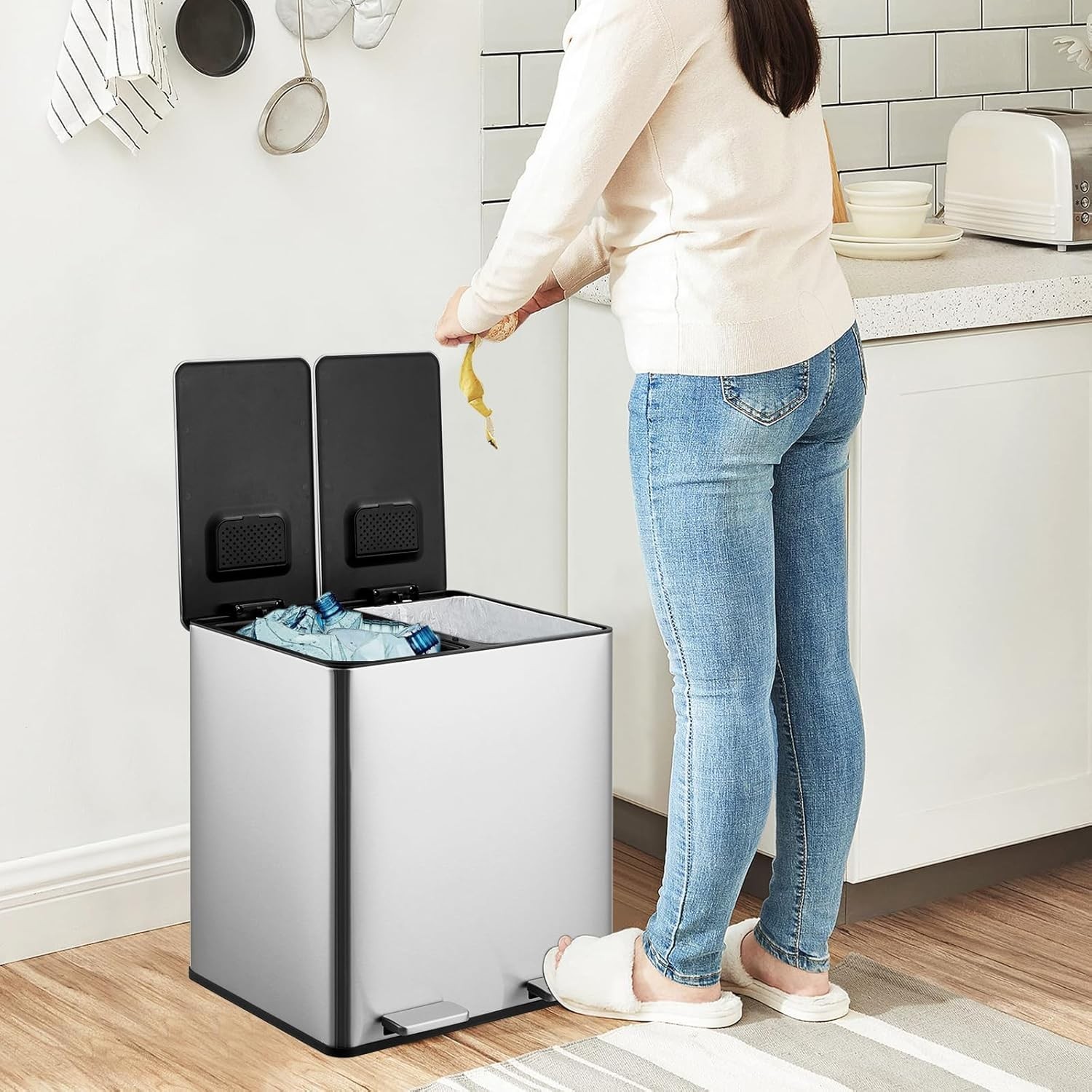 Dual Trash Can 2x 4gal/15L Stainless Steel Step Trash Can Garbage Can Kitchen