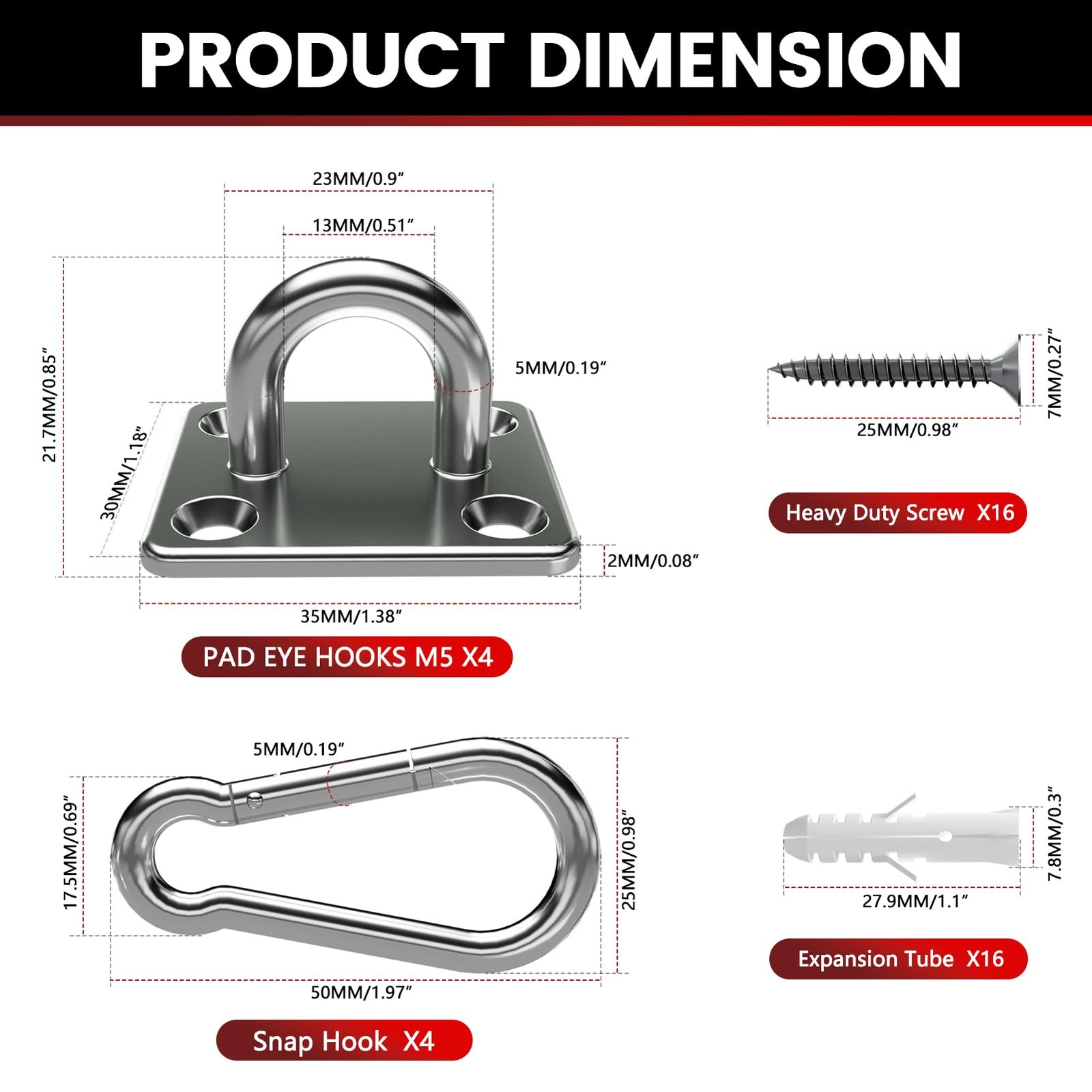 304 Stainless Steel Pad Eye Snap Hook, M5 Ceiling Hook 500Lb,8Pcs | Hanging Kit