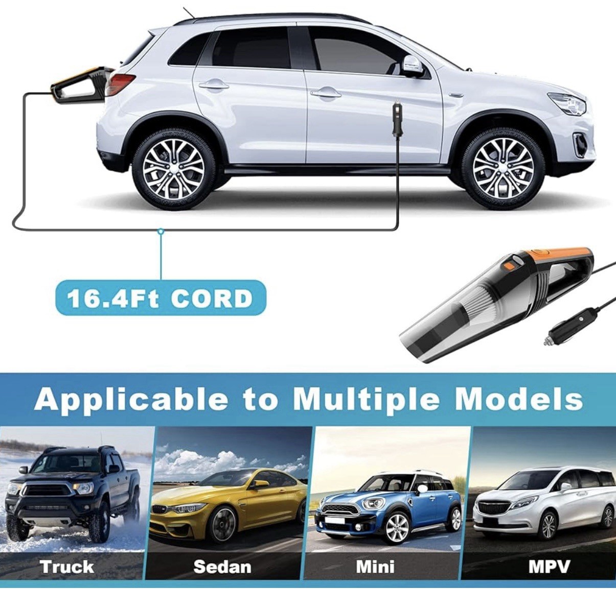 Portable Car Vacuum Cleaner 12V Handheld 8000pa With LED Light 16.4Ft Corded