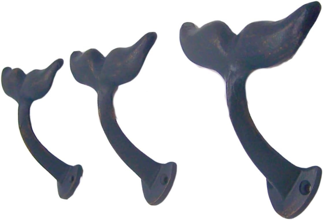 Navy Blue Whale Tail Wall Hooks Cast Iron Beach Decor Set 3 Nautical 4.5″