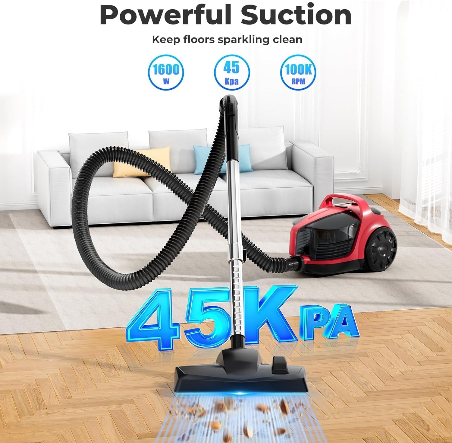 1600W Canister Vacuum Cleaner, Bagless Vacuum Cleaner with 45kPa Strong Sucti…