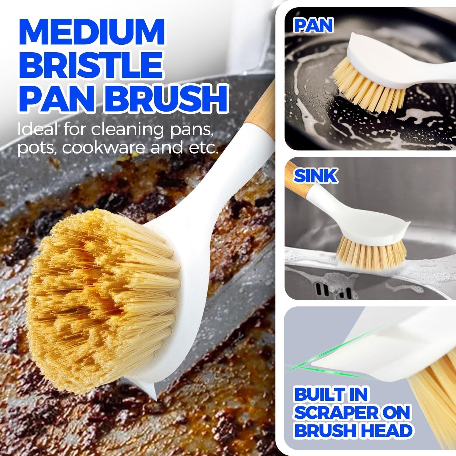 1/3 Pack Dish Brush Set with Bamboo Handle Kitchen Scrub Brush for Cleaning Dish