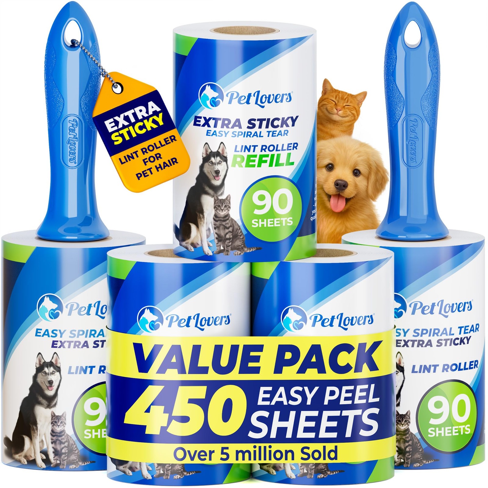 Extra Sticky Lint Roller Mega Value Set 450 Sheets for Pet Hair Removal and C…