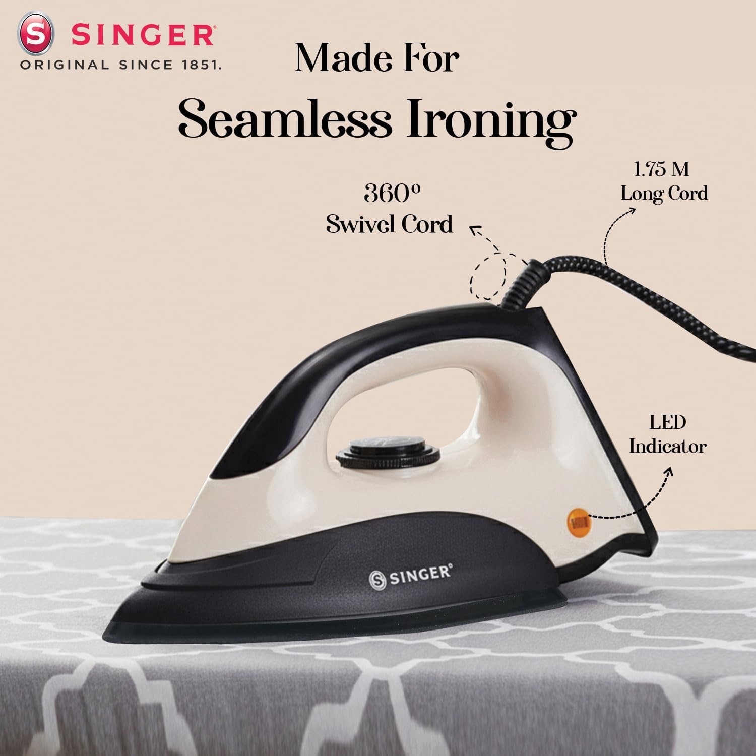 SINGER Auro 1000 Watts Dry Iron | Bigger Sole Plate for Faster Ironing 220V