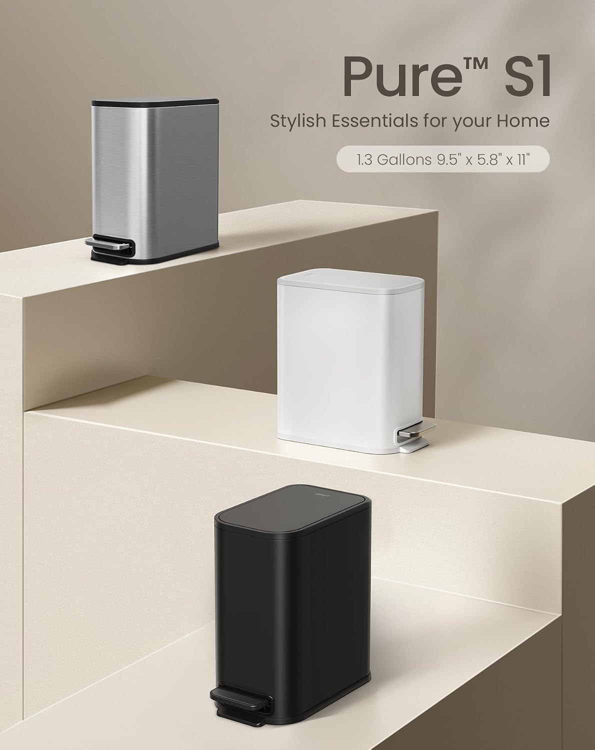 Small Bathroom Trash Can with Lid Soft Close & Pedal, 1.3 Gal, White | Removable