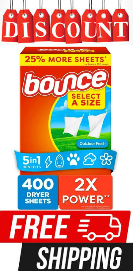 Bounce Select a Size Fabric Softener Dryer Sheets, Outdoor Fresh, 400 count.
