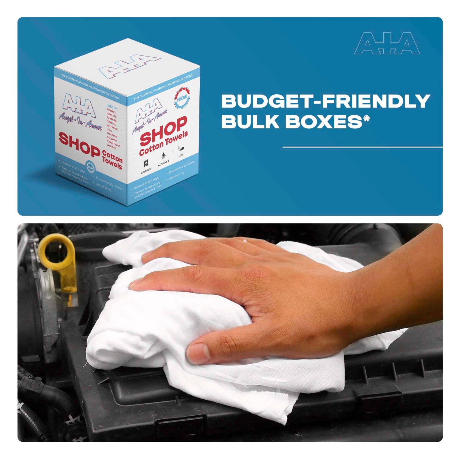 50 New White Shop Towels 14 x14 A-I-A Angel-In-Armor Mechanics Rags Oil Change