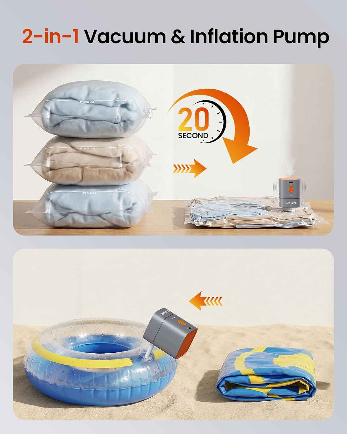 2-In-1 Cordless Electric Vacuum Pump, Rechargeable Vacuum & Inflate Air Pump for