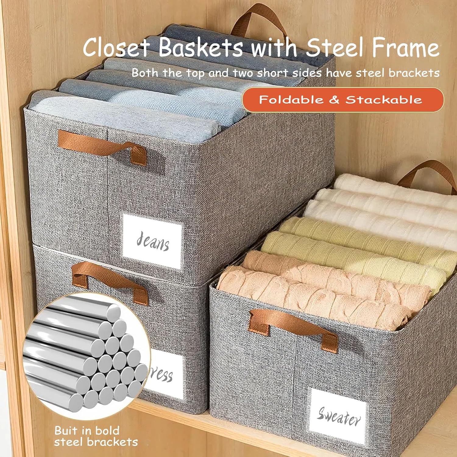 Linen Closet Organizer Storage Bin with Steel Frame, Stackable Fabric Jeans