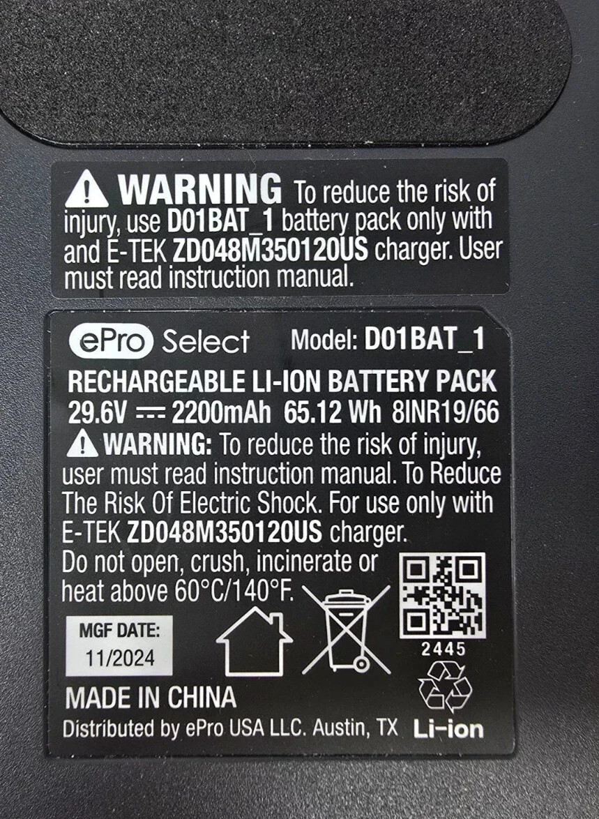 ePro Select D01BAT_1 Battery ONLY for EV2911RT Cordless Stick Vacuum 29.6V™