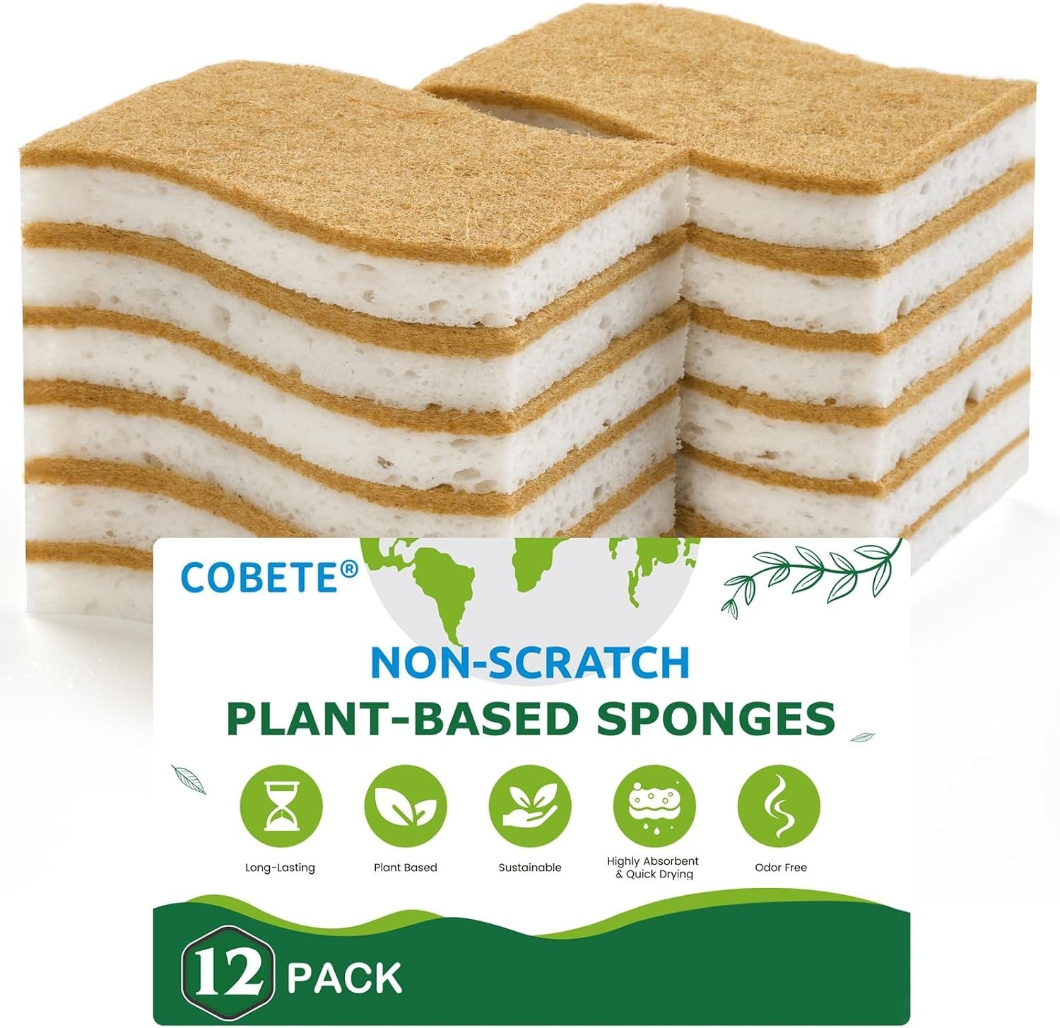 12 Pack Natural Biodegradable Kitchen Non Scratch Sponges,Compostable Plant B…
