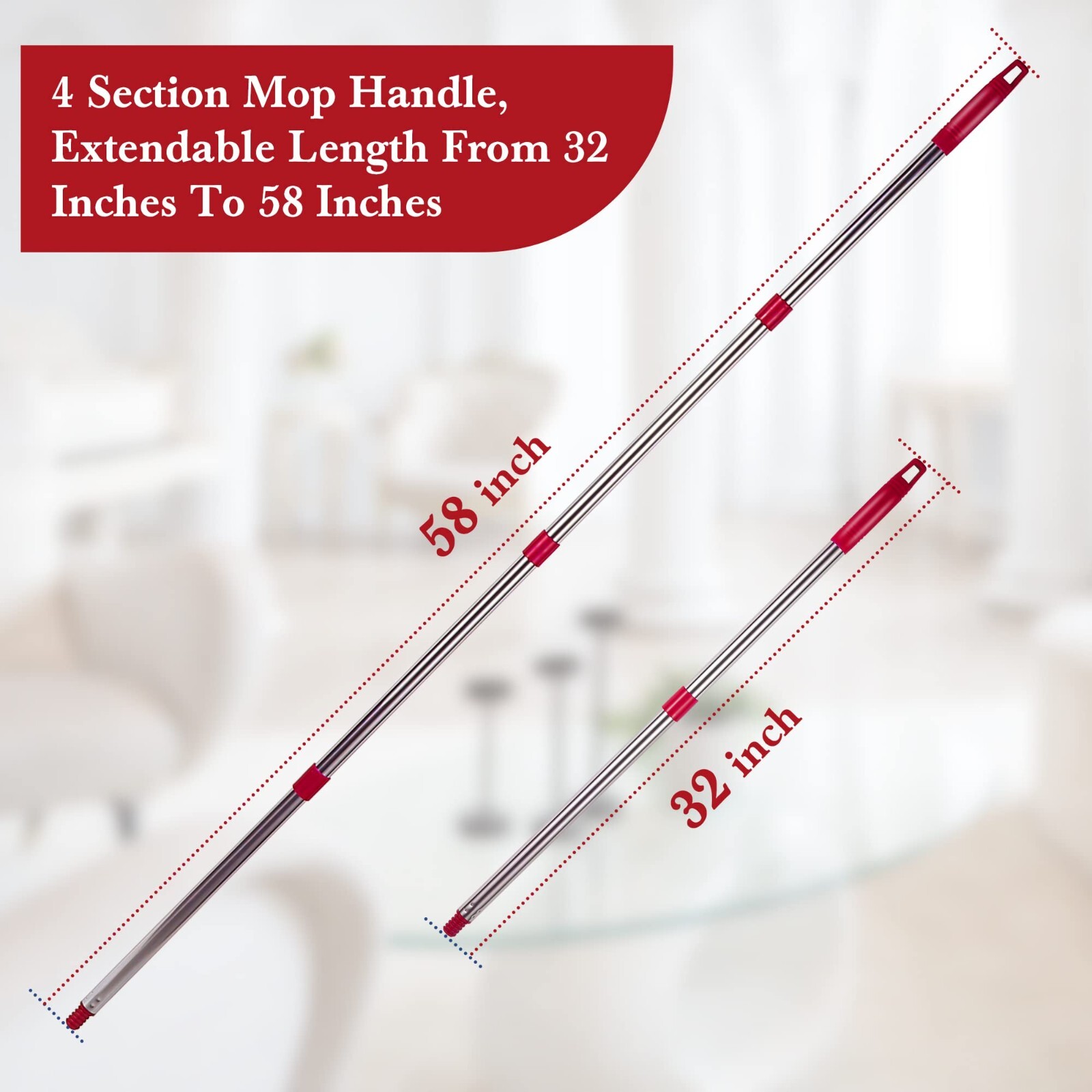 4 SectionSpin Mop Replacement Handle 32 Inch to 56 Inch Stainless Steel Red
