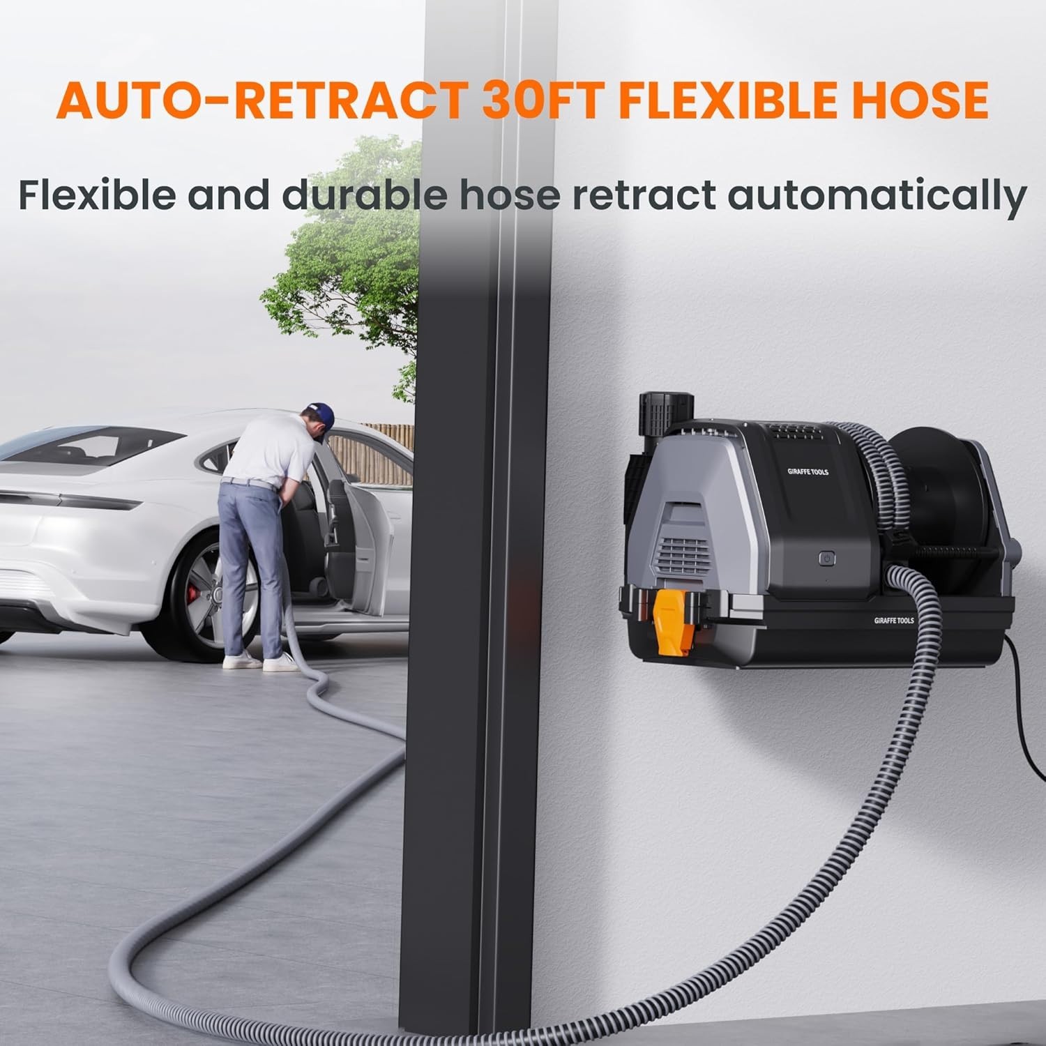 Giraffe Tools Wet Dry Vacuum Cleaner with 30FT Retractable Hose Wall mount 1200W