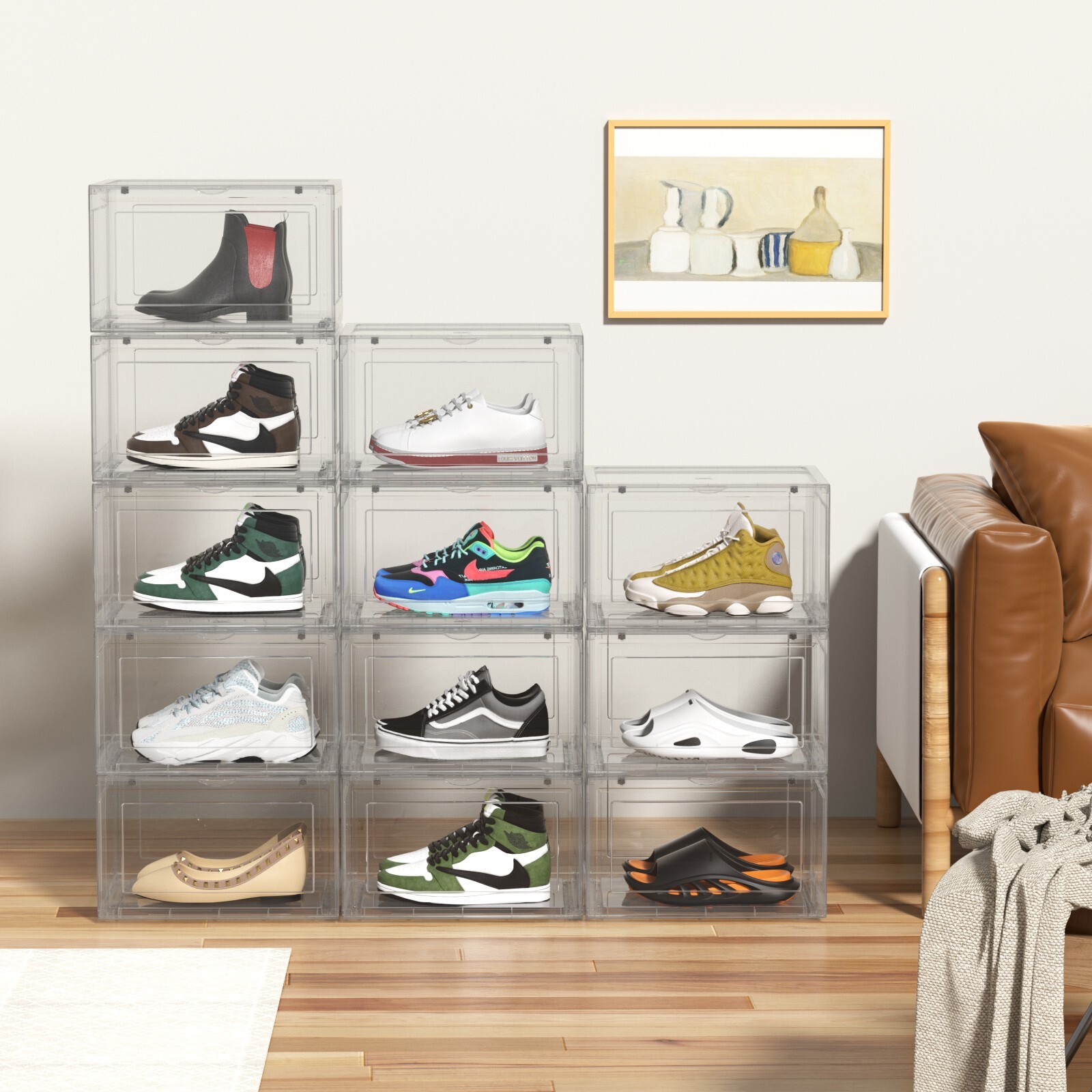 Kekow 12-Packs X-Large Shoe Storage Box Clear Plastic Stackable Shoe Organizer