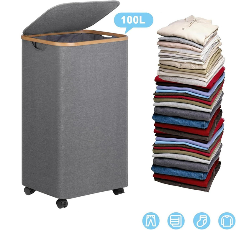 Wheeled Laundry Hamper with Lid, 100L Large Grey Clothes Basket Bamboo Handles