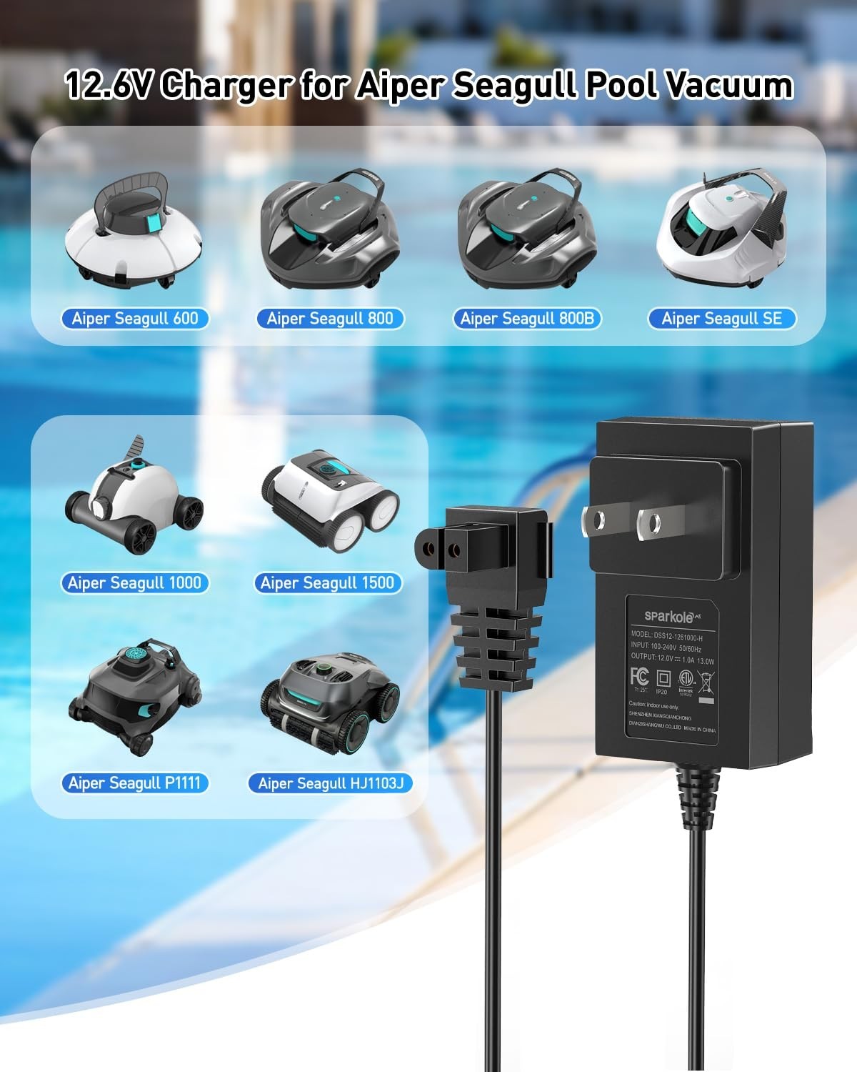 Quick Charge 12.6V AC Adapter for Cordless Pool Vacuum Cleaner, Compatible with