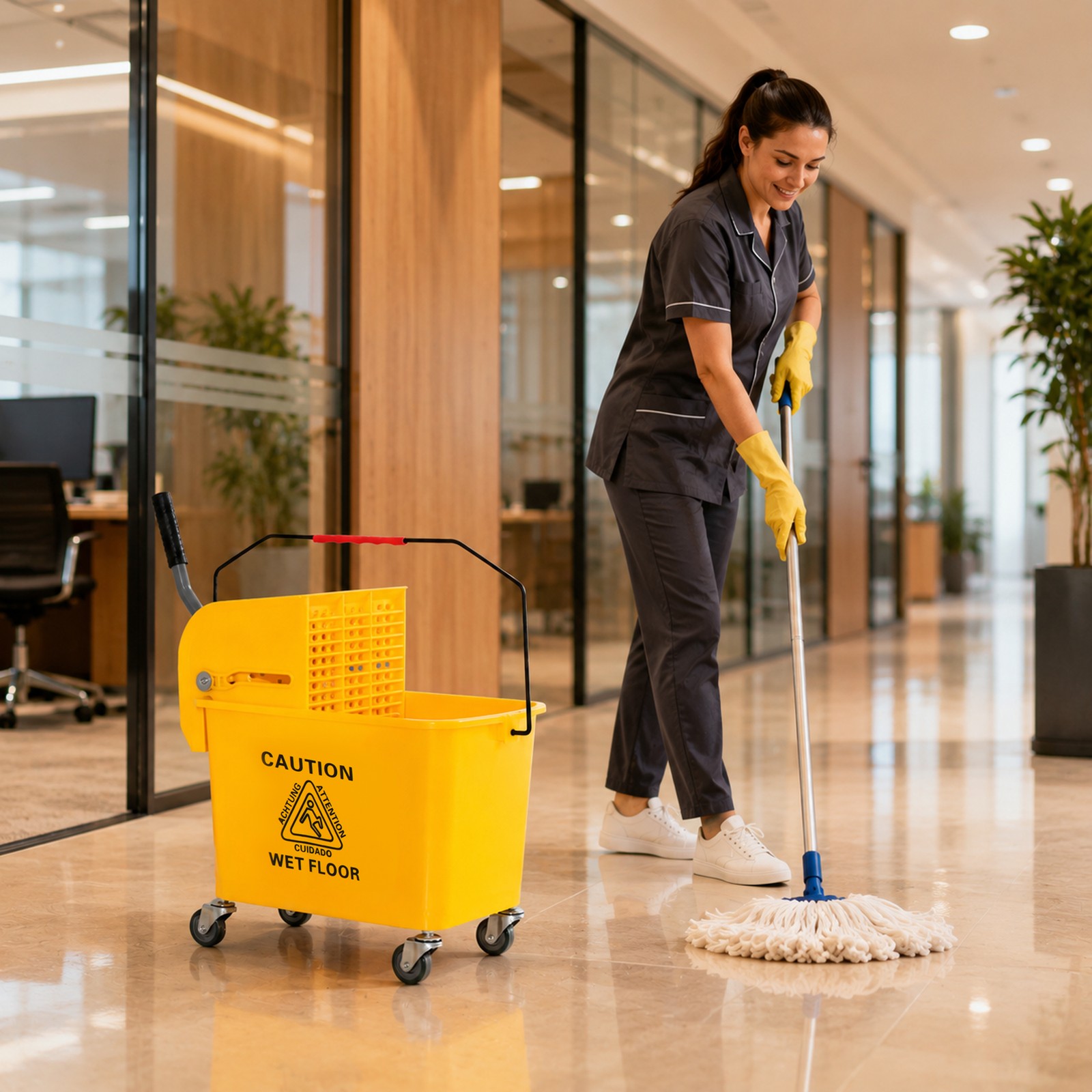 Compact Mop Bucket with Wringer on Wheels 21 Quart Yellow