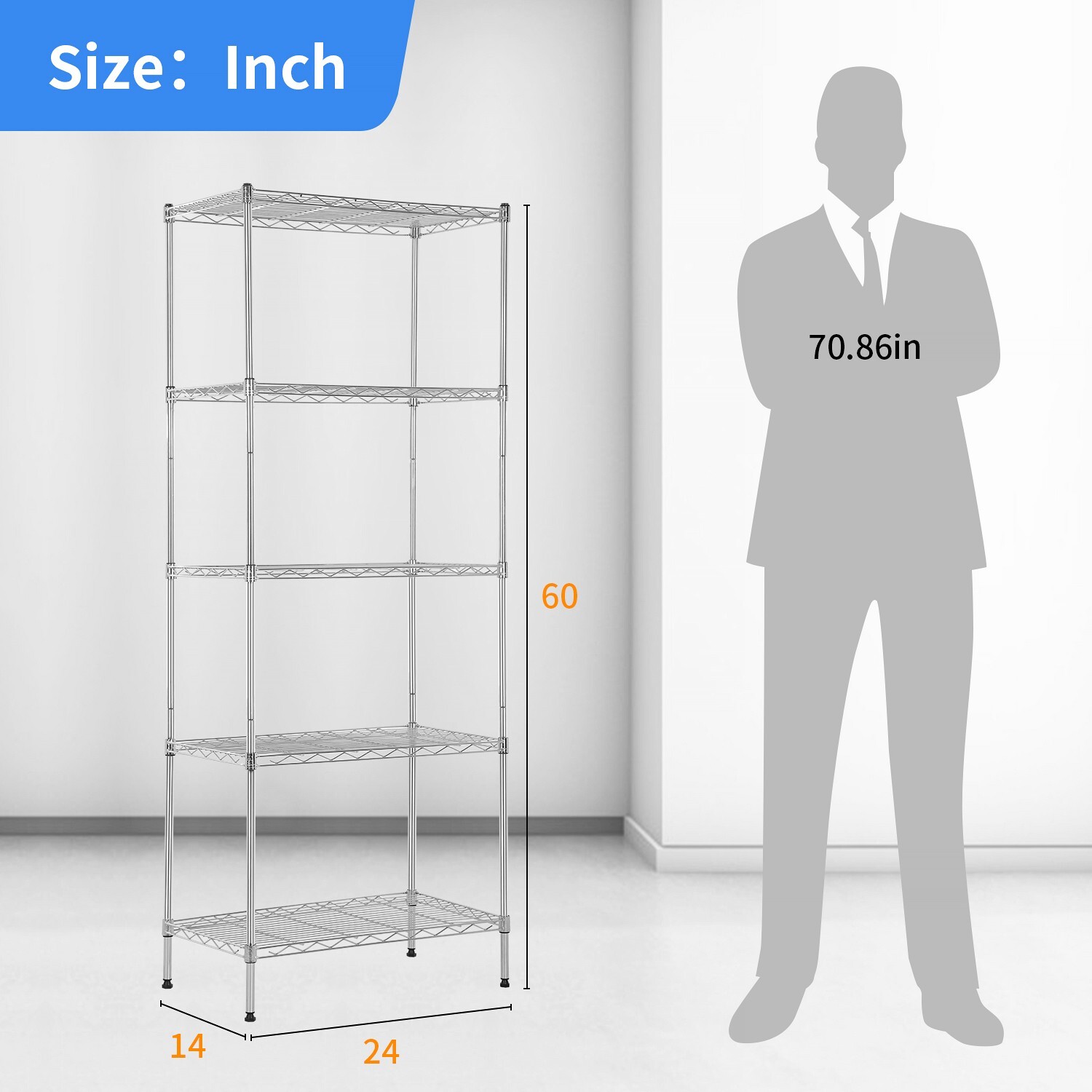 Heavy Duty 24″W x 14″D x 60″H 5-Shelf Metal Freestanding Shelves,Chrome