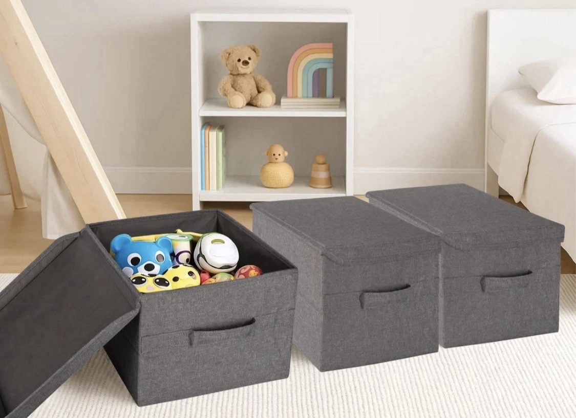 NEW Allspace Collapsible Fabric Storage Organizer with Lids 3 Pack Handles Gray