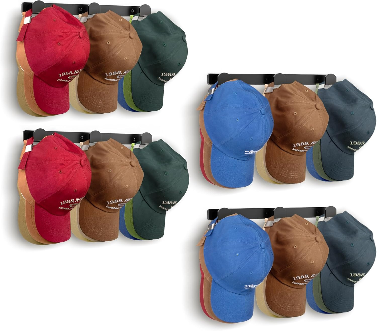 4 Packs Hat Rack for Wall, Hat Organizer for Baseball Caps Holds 36 Hats, 3 Moun