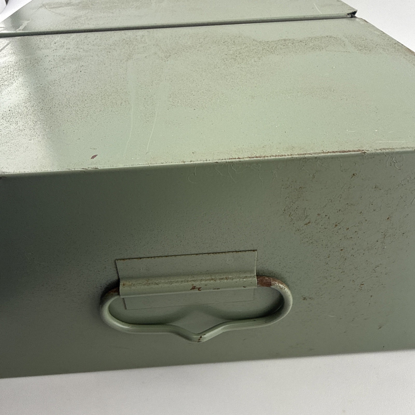 Vintage X-10 Light Green Metal Storage Box 21.5x10x5 Slide Lid