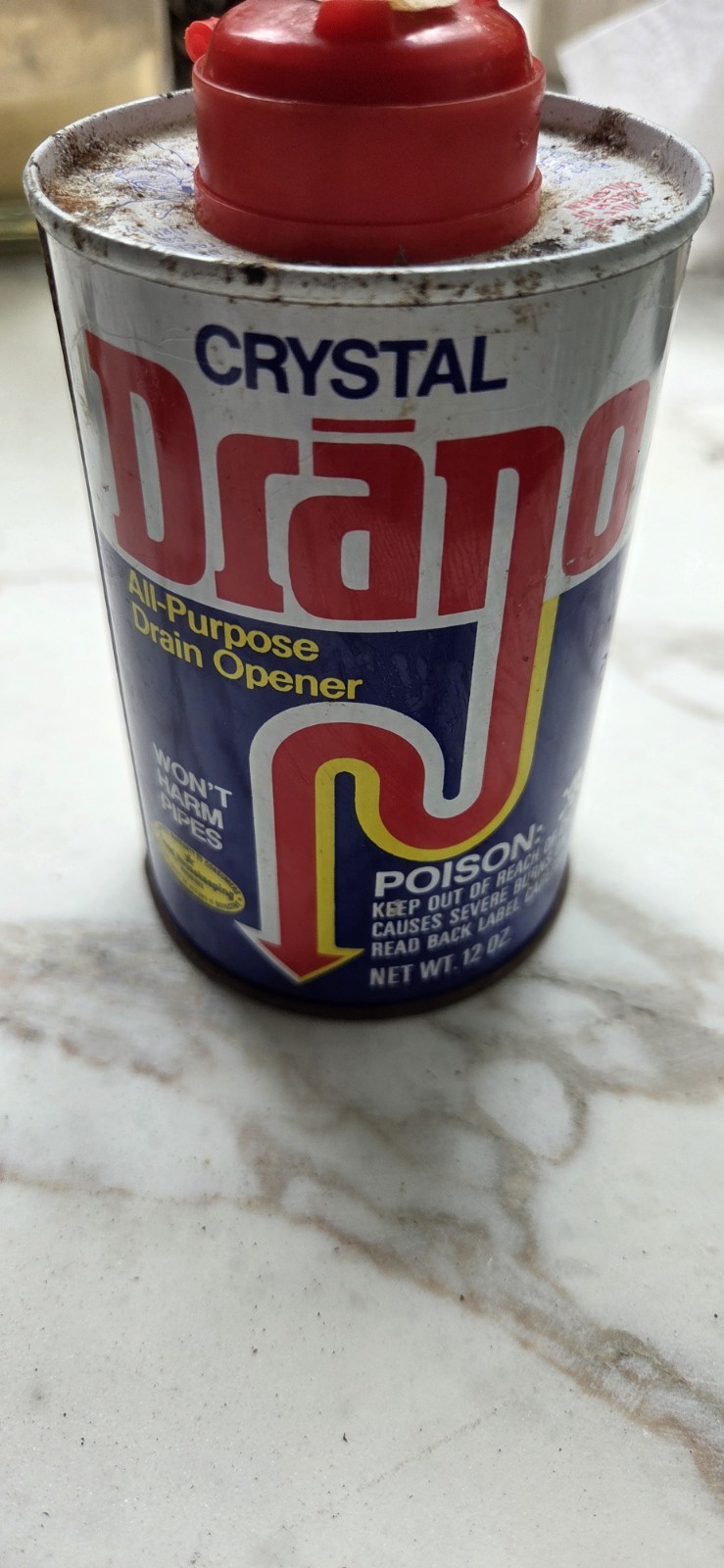 Vintage 1977-1984 Crystal Drano All Purpose Drain Opener 12 oz Metal Can 1/2 Ful