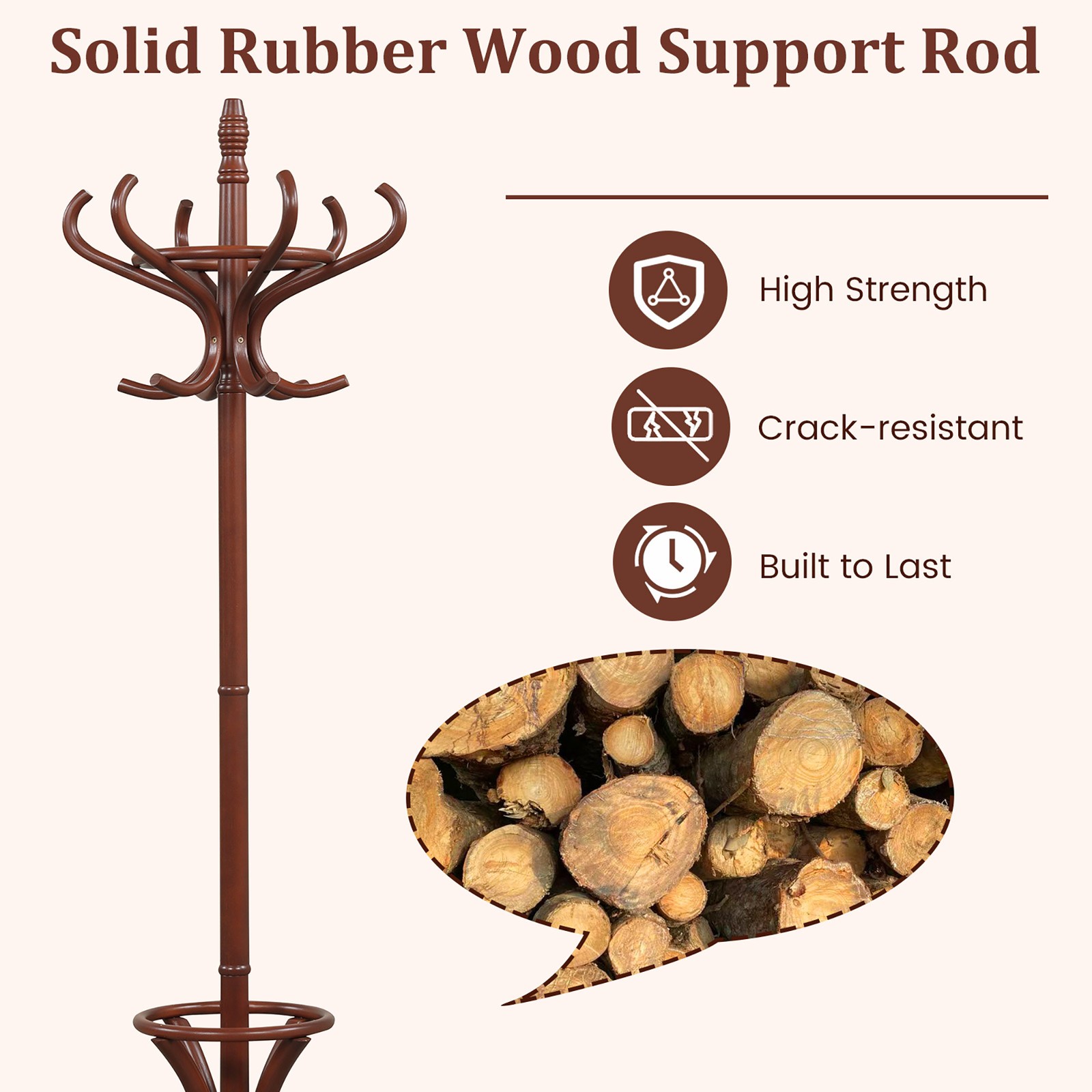 Wood Standing Hat Coat Rack Jacket Bag Hanger Tree 12 Hooks Reddish Brown w/