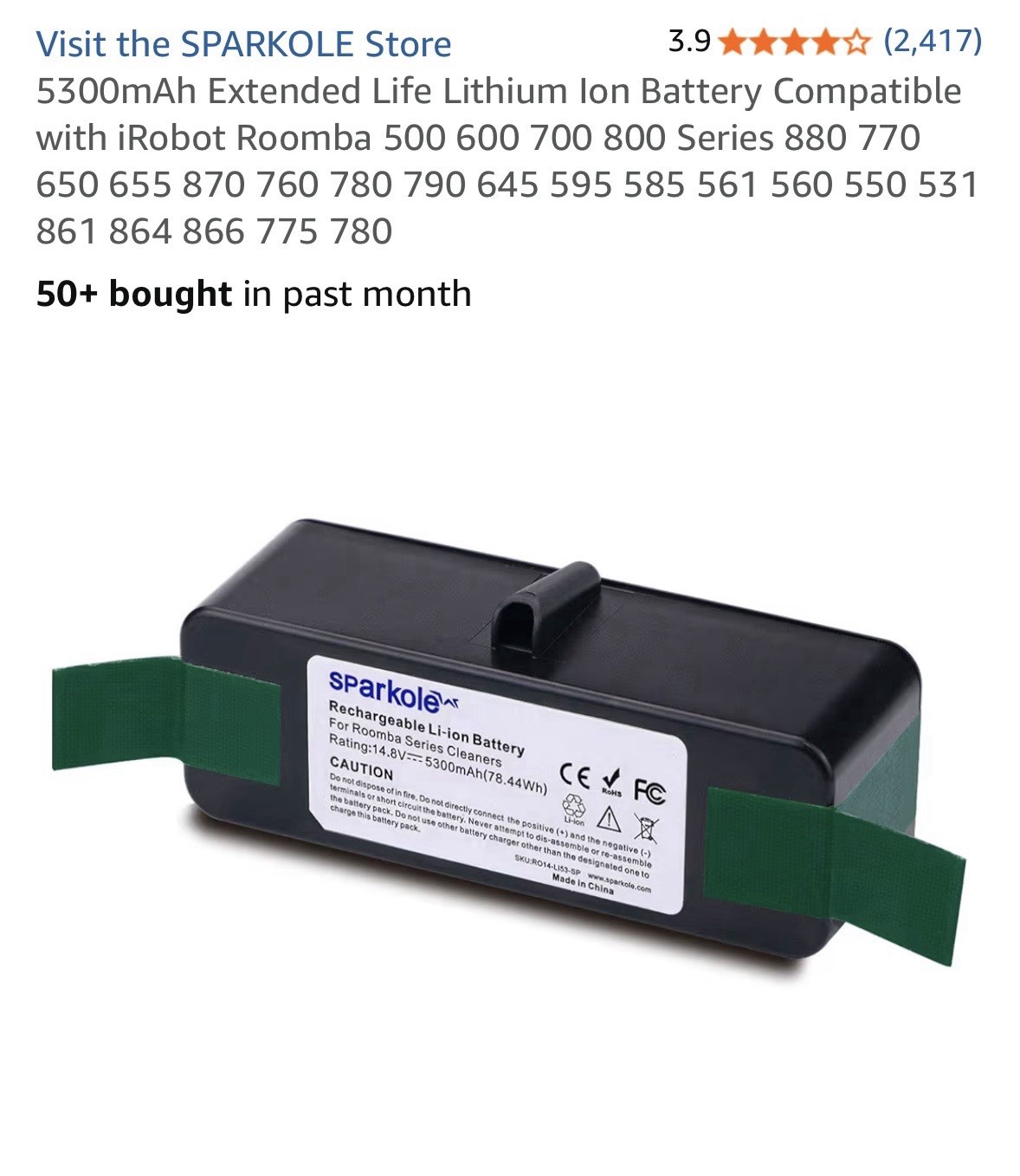 SPARKOLE 14.8V 5300mAh Lithium Ion Battery Pack Compatible iRobot Roomba Series