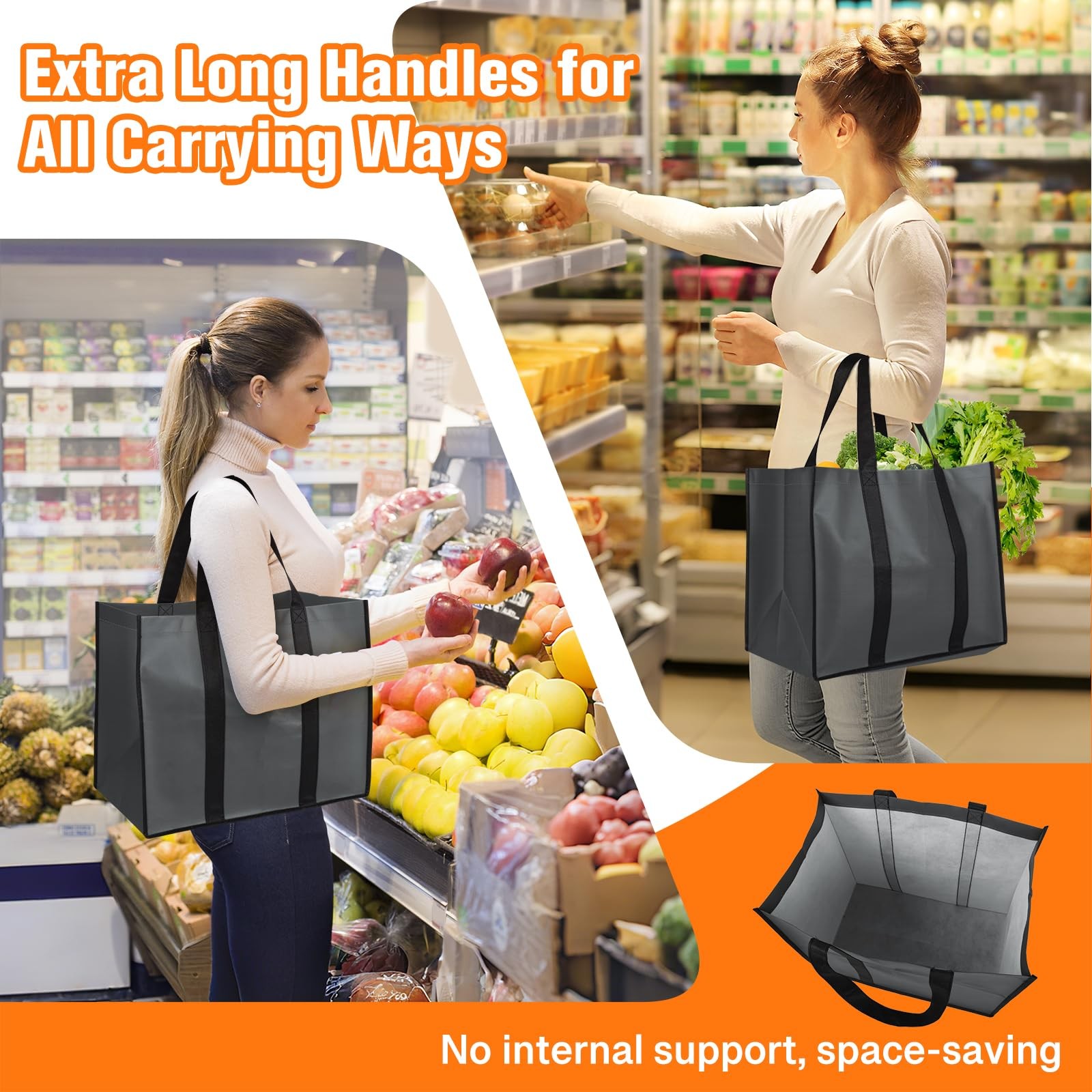 WISELIFE Reusable Grocery Bags, Foldable, Lasting Use, 35L, 3 Pack, Gray