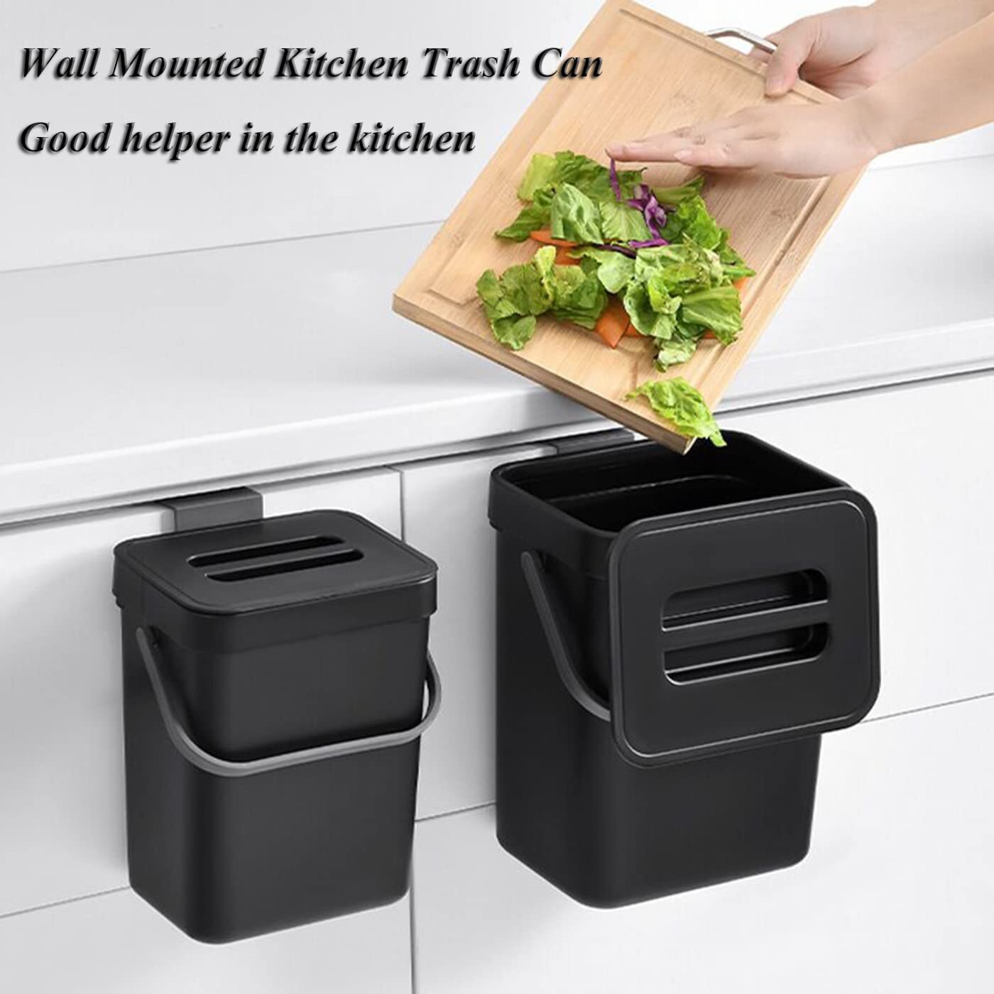 Small Trash Can with Lid 5L/1.3 Gallon Black Kitchen Hanging Mountable