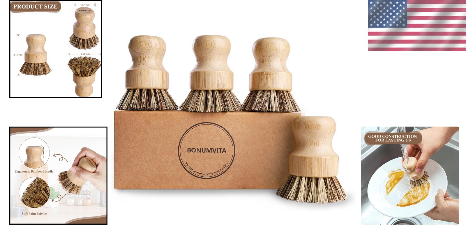 Bamboo Dish Brush Set 4 Pack Kitchen Cleaning Brush for Pots Pans Vegetables