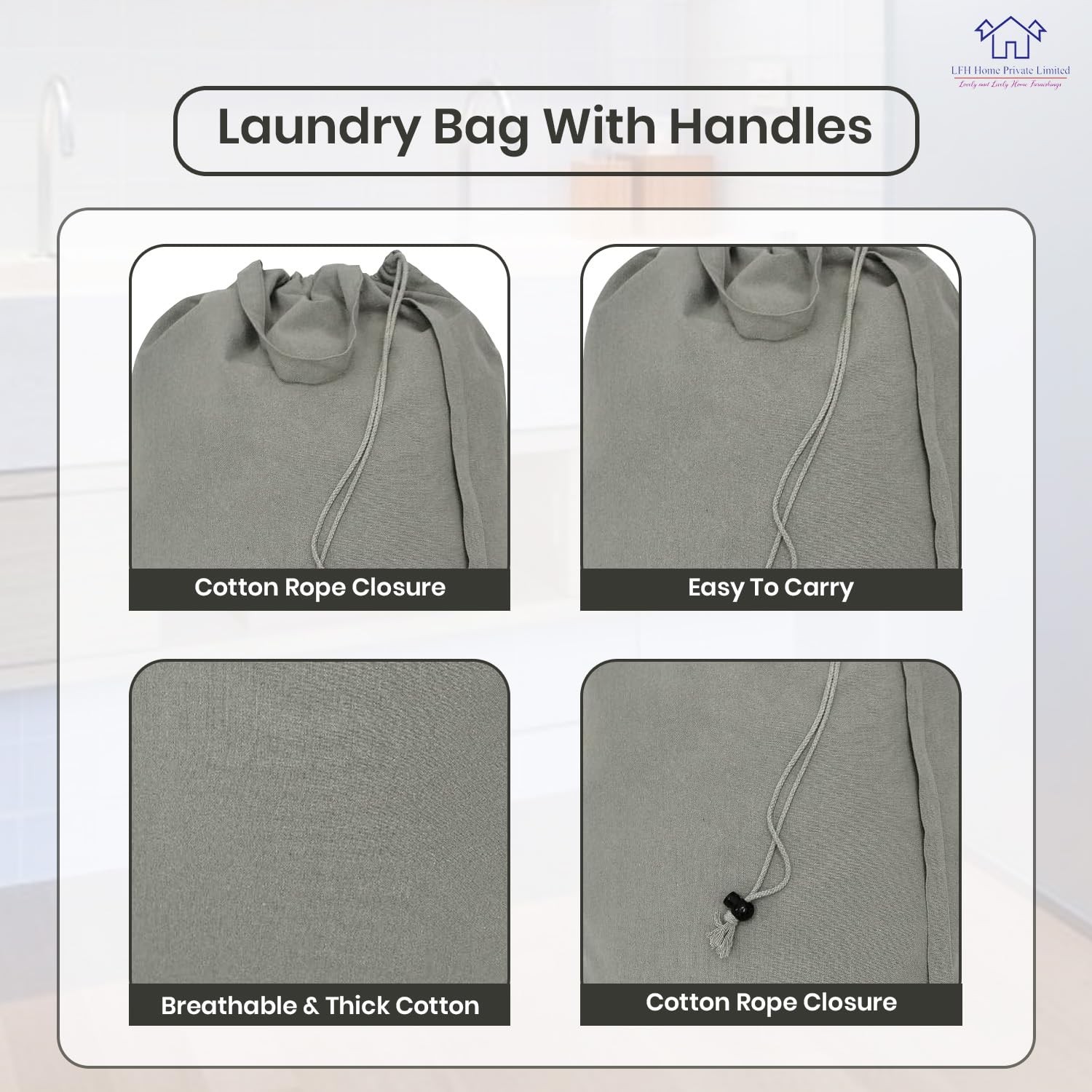 LFH Home Cotton Rich Canvas Extra Large Laundry Bag with 28”x40”, Grey