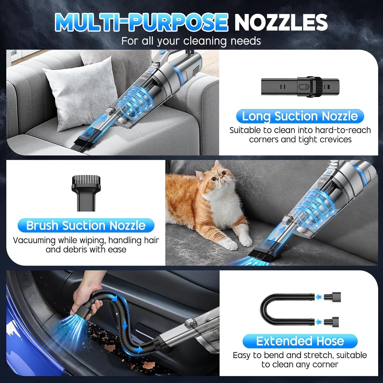 New Handheld Cordless Vacuum Strong Suction Car Keyboard Air Vents LED Light Pet