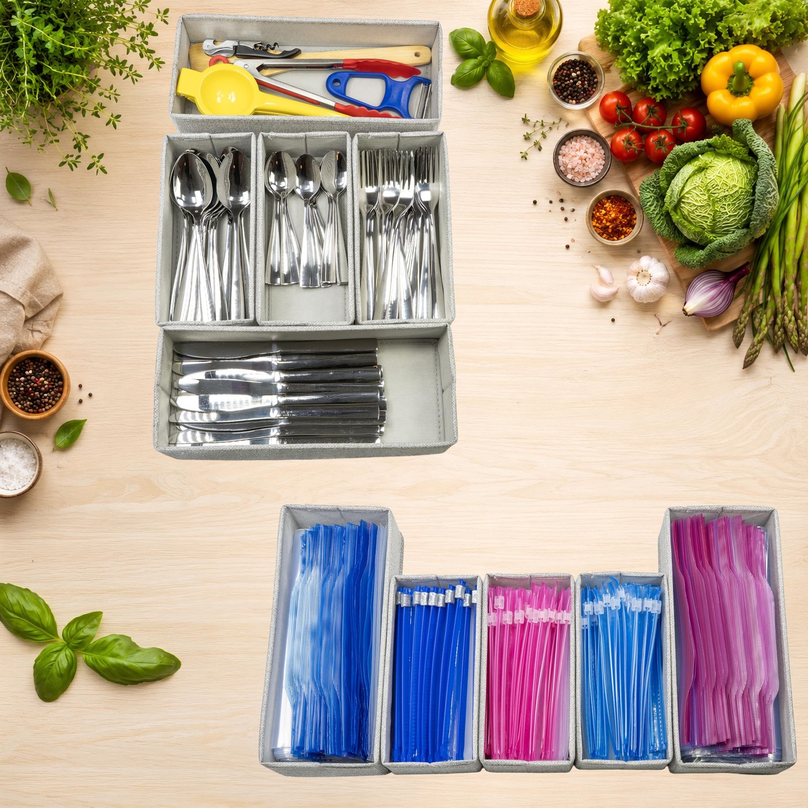 Dolsolux Drawer Organizer, 5-Piece Rigid Fabric Bins for Kitchen Gray