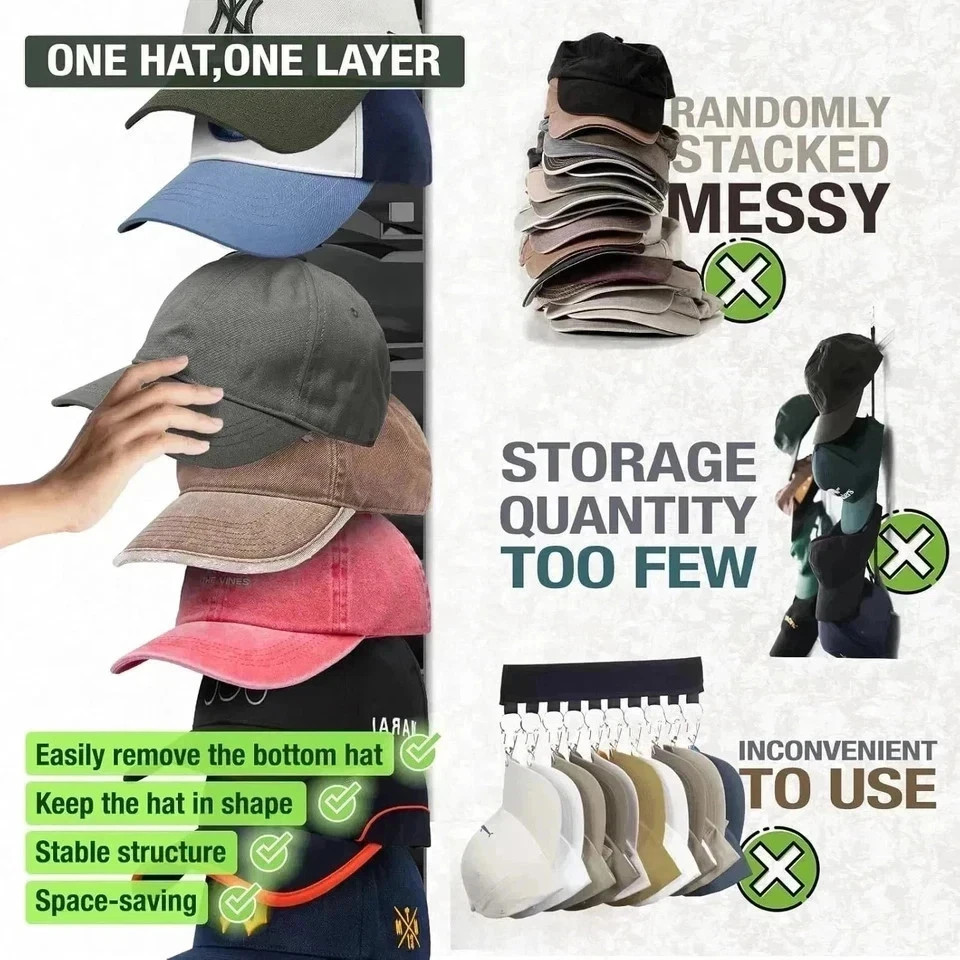 2 Pack Hat Organizer for Baseball Caps, Hat Rack for Wall with Strong Adhesive H