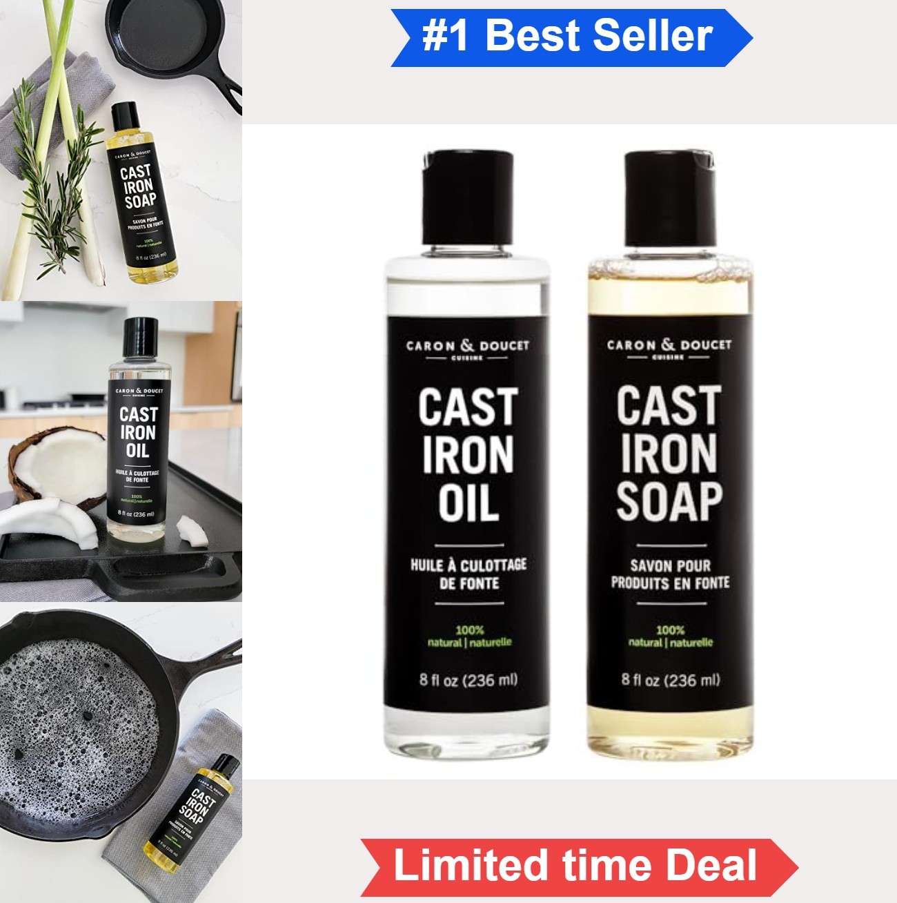 Cast Iron Cleaning Soap 8oz Seasoning Oil 2 Piece Set Plant Based Cookware Care