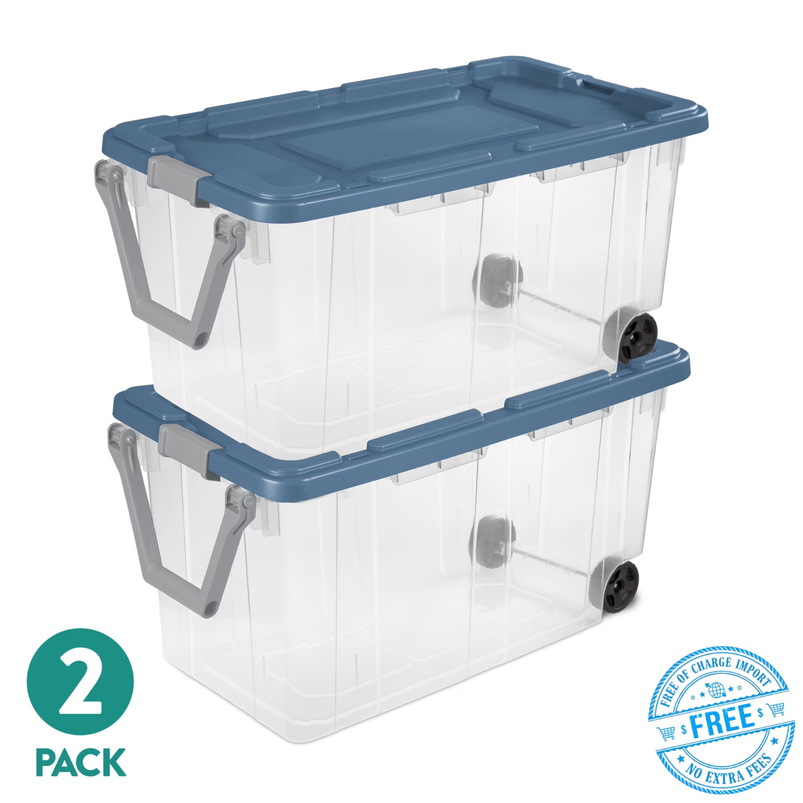 2 Pack Sterilite Extra-Large Wheeled Rugged Storage Bin, 160 Quart Durable, Blue
