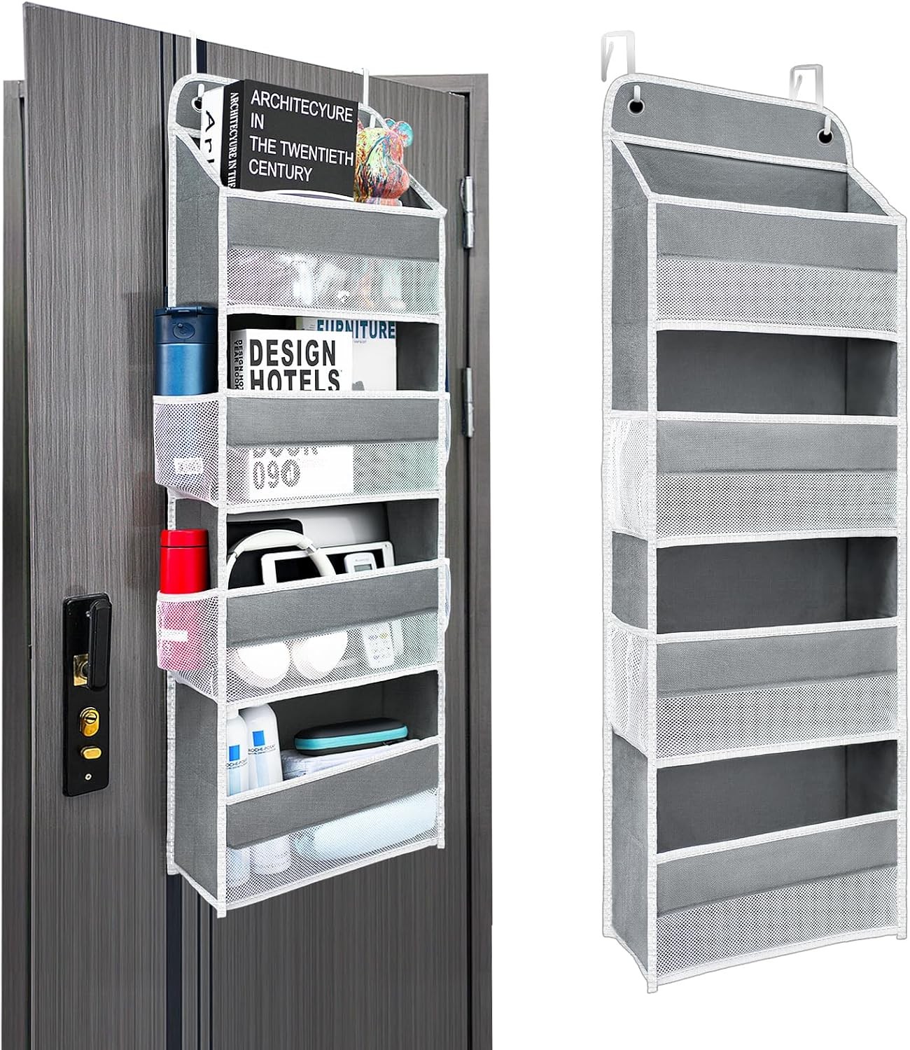 Over Door Organizer, 4-Shelf Mesh Storage Rack with Side Pockets Grey